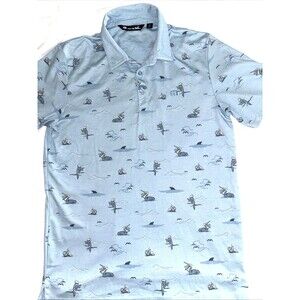 Travis Mathew Going Rogue Polo Shirt Men’s Large Sz M Blue All Over Print Beach